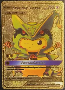 Pokemon Gold Foil Fan Art Pikachu Mega Rayquaza TAG COSPLAY Display Card - Image 1