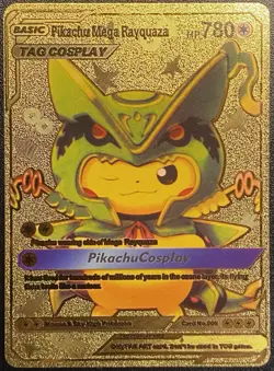 Pokemon Gold Foil Fan Art Pikachu Mega Rayquaza TAG COSPLAY Display Card - Image 2