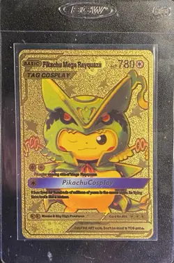 Pokemon Gold Foil Fan Art Pikachu Mega Rayquaza TAG COSPLAY Display Card - Image 4