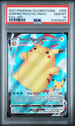 2021 POKEMON CELEBRATIONS #009 FULL ART/SURFING PIKACHU VMAX PSA 10 - Image 1