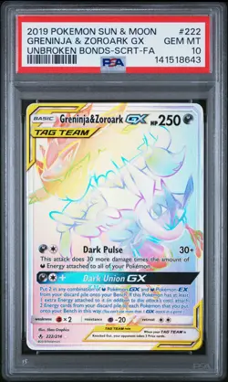 2019 POKEMON SUN & MOON UNBROKEN BONDS FULL ART/GRENINJA & ZOROARK GX PSA 10 - Image 1