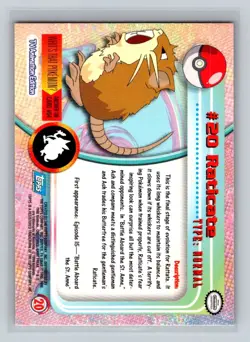 Raticate 1999 Topps Pokemon TV Card #20 NM - LP - Image 2