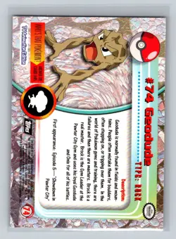 Geodude 1999 Topps Pokemon TV Card #74 NM - LP - Image 2