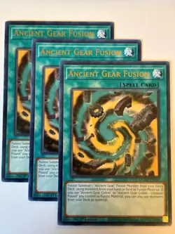 YUGIOH-3x- Ancient Gear Fusion - MGED-EN147 - Gold Rare - 1st Ed. (PLAYSET) - Image 1
