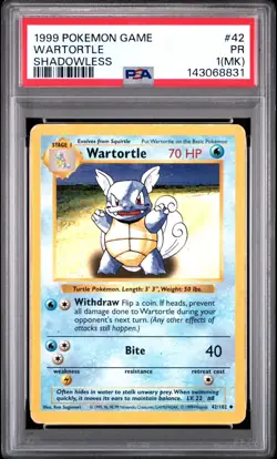 PSA 1 Shadowless Wartortle Base Set 42/102 1999 Pokemon WoTC PR (MK) - Image 1