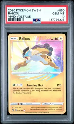 2020 POKEMON SWORD & SHIELD VIVID VOLTAGE #050 RAIKOU PSA 10 - Image 1