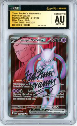 CGC Authentic Auto 10 Ted Lewis Pokemon TCG Team Rocket's Mewtwo ex 213/182 - Image 1