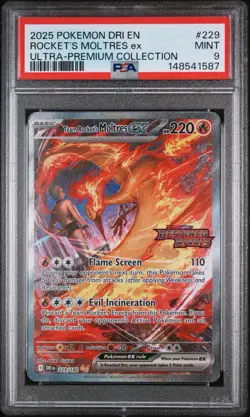 2025 POKEMON DRI EN-DESTINED RIVALS 229 TEAM ROCKET'S MOLTRES EX UPC PSA 9 - Image 1