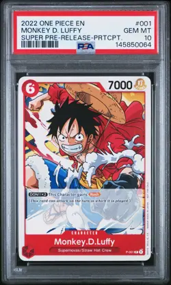 ONE PIECE 2022 MONKEY D. LUFFY SUPER PRE-RELEASE-PRTCPT. PROMOS #001 PSA 10 - Image 1