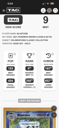 TAG 9 Mint Blastoise 2021 Celebrations: Classic Collection 2/102 Pokemon TCG - Image 3