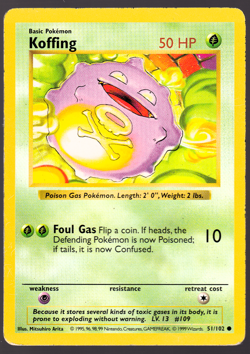 Koffing 51/102 Shadowless Base Set Pokemon Card 1999 MP - Image 1