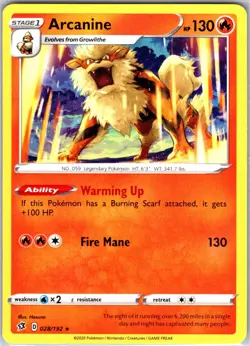 Arcanine 028/192 Rare Regular Card SWSH02: Rebel Clash Pokemon TCG LP - Image 1