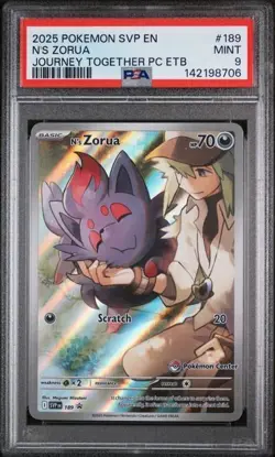 2025 POKEMON JOURNEY TOGETHER POKEMON CENTER ETB PROMO #189 N'S ZORUA PSA 9 - Image 1