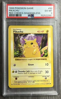 Pokemon TCG Pikachu 58/102 Base Set Shadowless Red Cheeks PSA 6 - Image 1