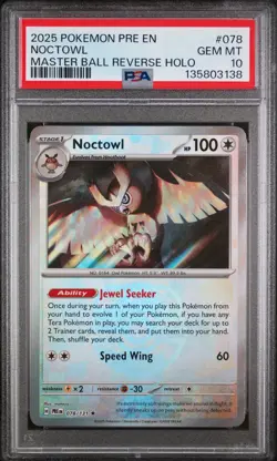 Pokemon Prismatic Evolutions Noctowl Master Ball Reverse Holo 078 PSA 10 - Image 1