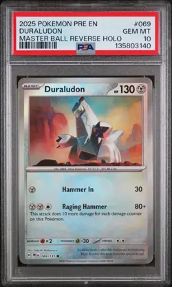 Pokemon Prismatic Evolutions Duraludon Master Ball Reverse Holo 069 PSA 10 - Image 1
