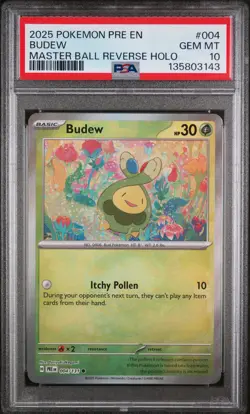Pokemon Prismatic Evolutions Budew Master Ball Reverse Holo 004 PSA 10 - Image 1