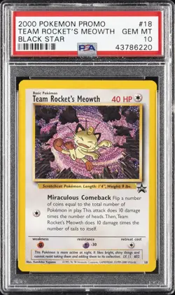 2000 POKEMON PROMO BLACK STAR POKEMON LEAGUE #18 TEAM ROCKET'S MEOWTH PSA 10 - Image 1