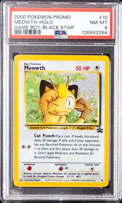 2000 POKEMON PROMO BLACK STAR GAME BOY #10 MEOWTH-HOLO PSA 8 - Image 1