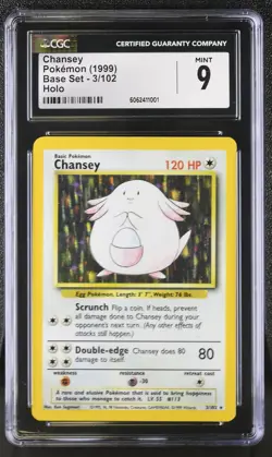 CGC 9 MINT Chansey 1999 Base Set 3/102 Holo Pokemon Card psa - Image 1