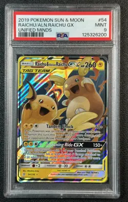 RAICHU & ALOLAN TAG TEAM GX PSA 9 2019 POKEMON SUN MOON UNIFIED MINDS #54/236 00 - Image 1