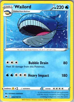 Wailord 032/159 Rare Crown Zenith NM Pokemon Card - Image 1