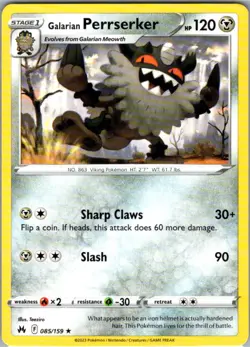 Galarian Perrserker 085/159 Rare Crown Zenith NM Pokemon Card - Image 1
