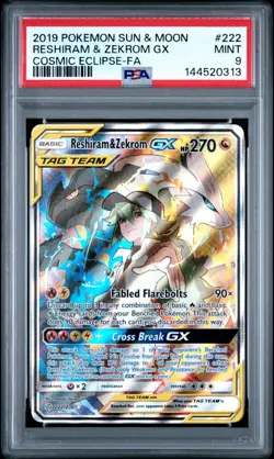 Pokemon Reshiram & Zekrom GX (Full Alt Art) 222/236 Sm-Cosmic Eclipse Holo PSA 9 - Image 1