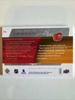2015-16 Upper Deck SP Authentic Sam Bennett Future Watch Rookie Auto Patch /25 - Image 3