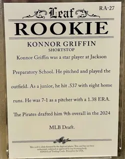KONNOR GRIFFIN 2024 LEAF ROOKIE ACHIEVEMENT #RA-27 Mint RC - Image 2