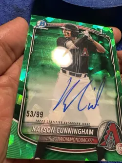 Kayson Cunningham 2025 Bowman Draft Chrome Sapphire Prospects Green Auto RC /99 - Image 3