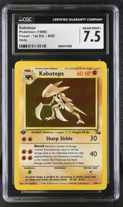 CGC 7.5 Kabutops 1999 Fossil 1st Edition 9/62 Mirror Holo Error Pokemon Card - Image 1