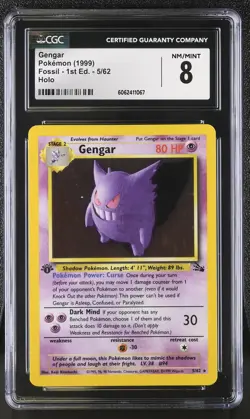 CGC 8 Gengar 1999 Fossil 1st Edition 5/62 Mirror Holo Error Pokemon Card - Image 1