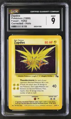 CGC 9 MINT Zapdos 1999 Fossil 15/62 Holo Pokemon Card psa - Image 1
