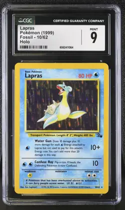 CGC 9 MINT Lapras 1999 Fossil 10/62 Holo Pokemon Card psa - Image 1