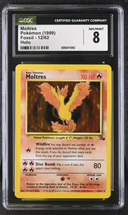 CGC 8 Moltres 1999 Fossil 12/62 Holo Pokemon Card psa - Image 1