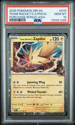 2025 POKEMON DESTINED RIVALS PURCHASE BONUS ASIA #70 TEAM ROCKET'S ZAPDOS PSA 10 - Image 1