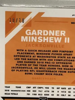 2019 Gardner Minshew RC Donruss Optic Gold Holo #d 10/10 PSA Gem Mint 10 Chiefs - Image 3