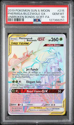 2019 POKEMON SUN & MOON UNBROKEN BONDS FULL ART/PHEROMOSA & BUZZWOLE GX PSA 10 - Image 1