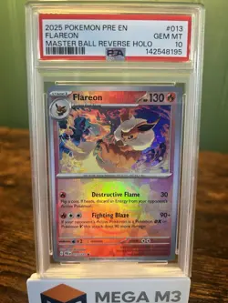2025 pokemon #013 prismatic evolutions Flareon Masterball Reverse Holo PSA 10 - Image 2