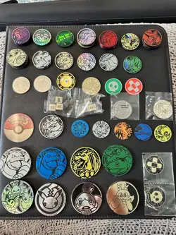 Lot Of Official Pokemon TCG Coins Various Sizes and Finishes 53 Coins Total - Image 1