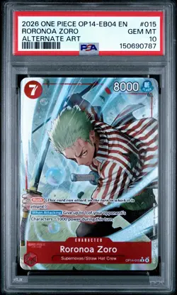 2026 ONE PIECE OP14-EB04-THE AZURE SEA'S SEVEN ALTERNATE ART RORONOA ZORO PSA 10 - Image 1