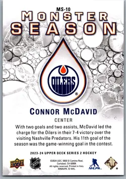23-24 UPPER DECK MONSTER SEASON - CONNOR MCDAVID #MS-10 EDMONTON OILERS - Image 2