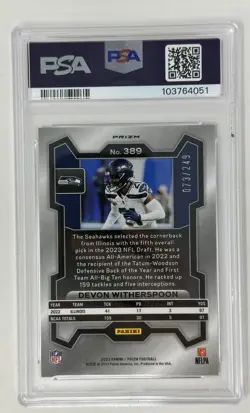 2023 Panini Prizm Rookie Devon Witherspoon Orange Prizm /249 RC PSA 10 Seahawks - Image 2
