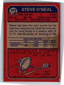 1973 -Steve O'Neal- Topps Autograph/Signed/Auto Football Card #349 NY Jets - Image 2