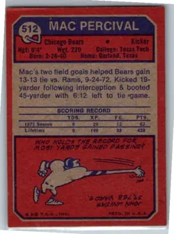 1973 -Mac Percival- Topps Autograph/Signed/Auto Football Card #512 Bears - Image 2
