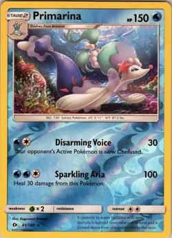 Primarina 41/149 Rare - Pokemon TCG Sun & Moon Base Set - Reverse Holo (NM) - Image 1