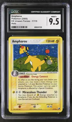 CGC 9.5 MINT+ Ampharos 2005 EX Unseen Forces 1/115 Holo Pokemon Card psa - Image 1
