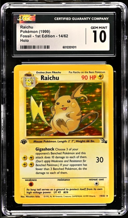 Raichu 14/62 1st Edition Holo Pokemon Fossil CGC Gem Mint 10 - Image 1