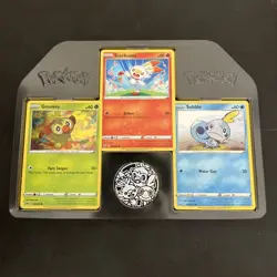Pokemon TCG Scorbunny Grookey Sobble 3 Card Promo Set With Player Coin Marker - Image 1